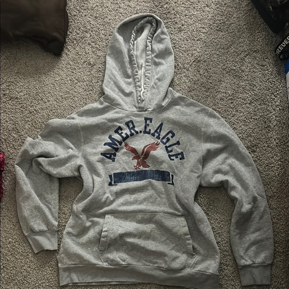 American Eagle Gray Hoodie with Red and Blue Logo